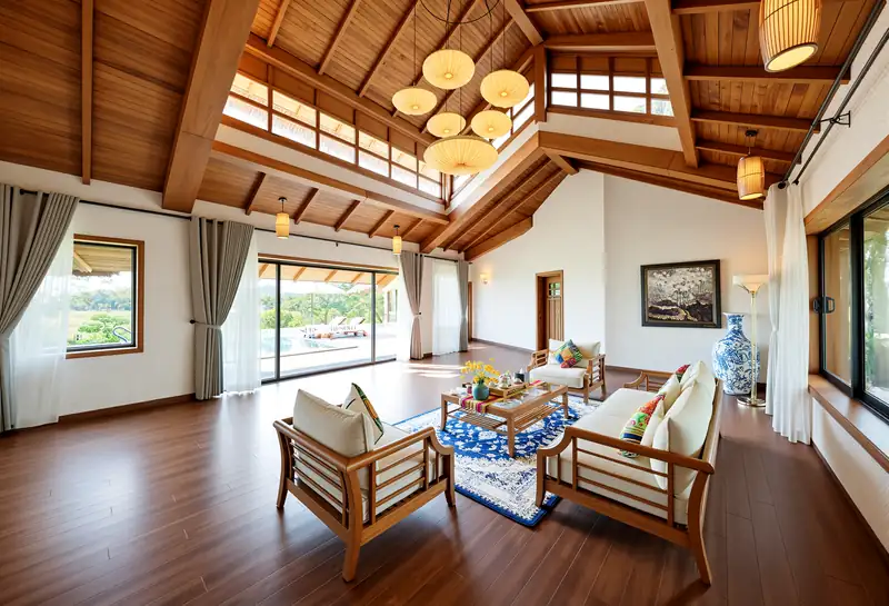 Phòng khách Onsen Villa trần gỗ cao, sofa và cửa kính