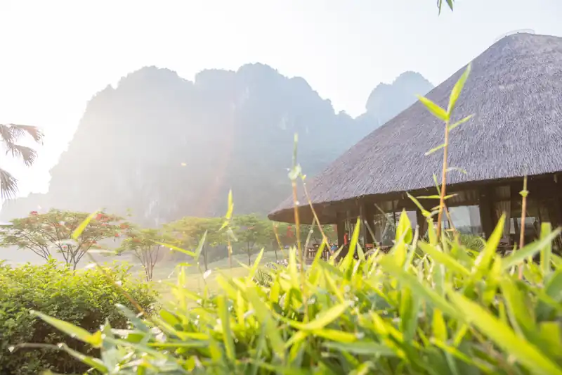 Thung lũng núi đá vôi Kim Bôi, mái tranh và cỏ xanh trong khu Serena